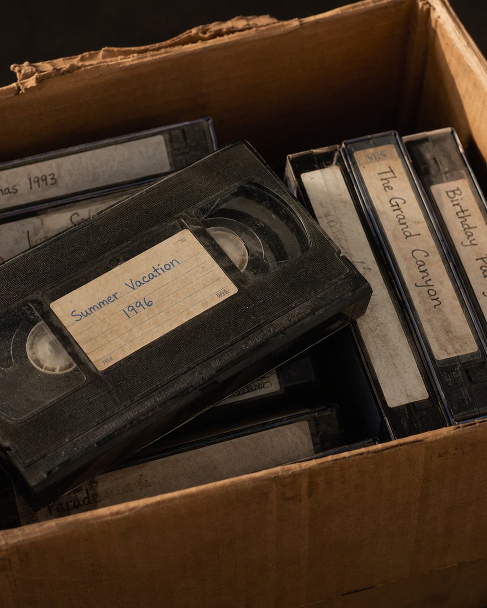 A cardboard box of old labeled VHS tapes including Summer Vacation 1996 and Christmas 1993